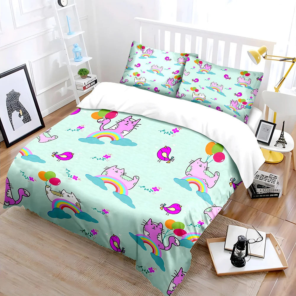 Rainbow cats with balloon birds Print Bedding Set 1 Duvet Cover 2 Pillowcases for Adult and Children Luxury Gift Full Size