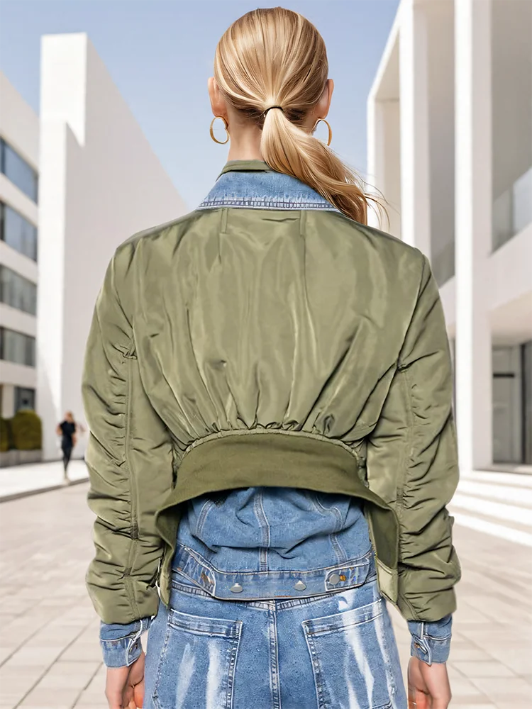 DEAT Fashion Women\'s Patchwork Denim Jackets Turn-down Collar Loose Zipper Long Sleeve Short Coat Autumn 2024 New Tide 7Z249