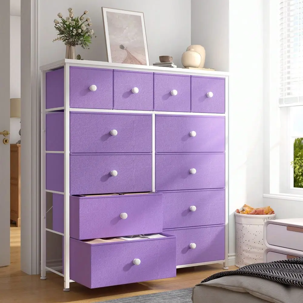 Dresser For Bedroom With 12 Fabric Drawers, Tall Dresser With Wooden Top Metal Frame, Bedroom Dresser, Dressers Chests Of Drawe
