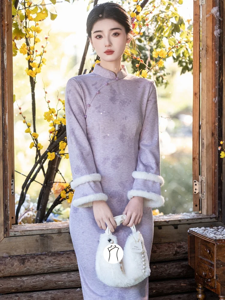 

Новое китайское красивое фиолетовое платье для девочек с длинными рукавами и низким разрезом, для повседневной носки, теплое