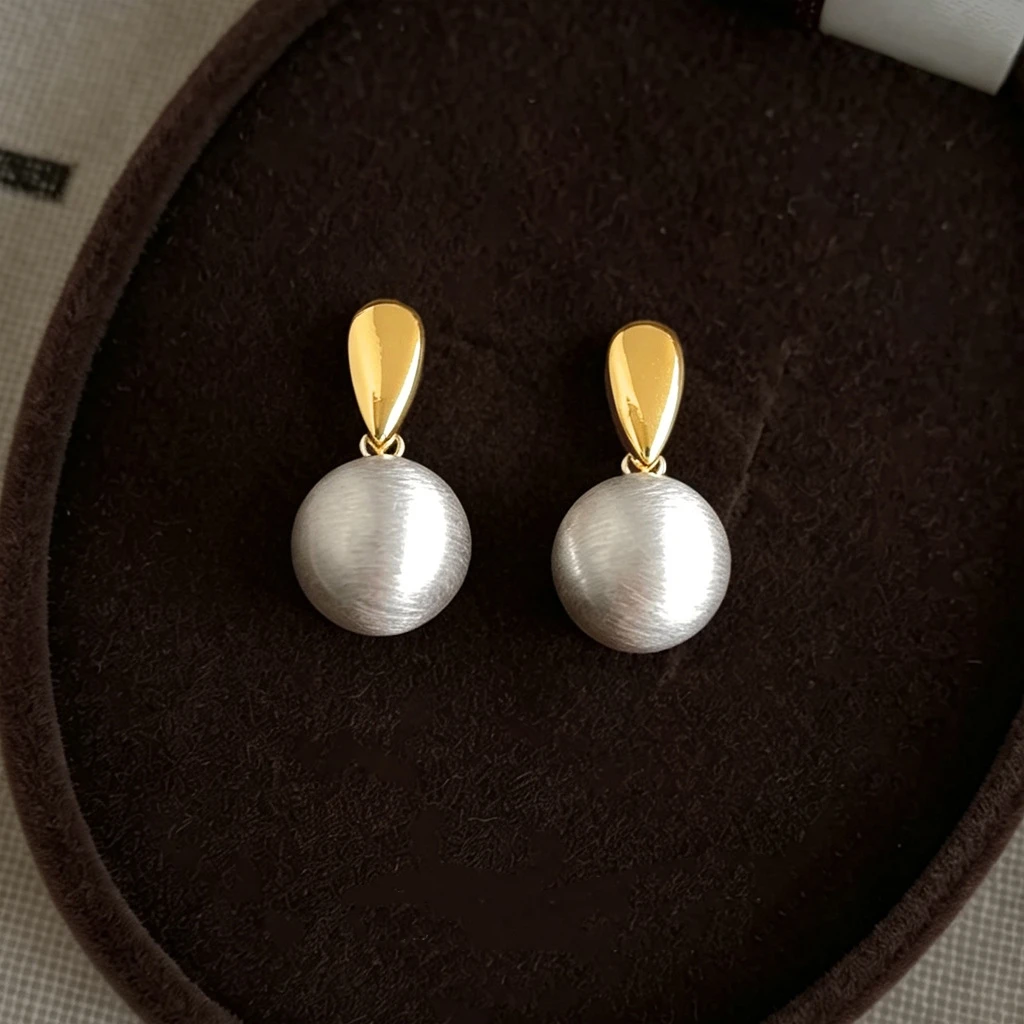 Two Tone Teardrop Top Brushed Silver Round Ball Drop Dangle Earrings for Women Elegant Daily Office Jewelry Gift