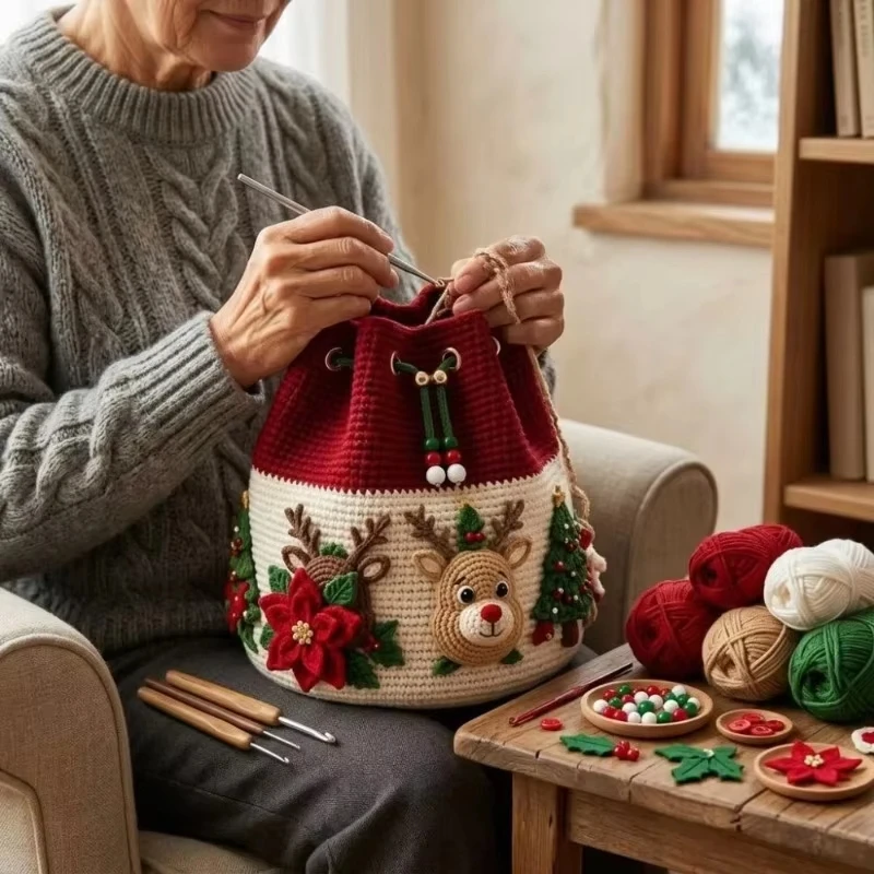 Christmas Crochet Bucket Crossbody Bag DIY Material Complete Kit with Instruction Handmade Knitted Drawstring Bucket Purse