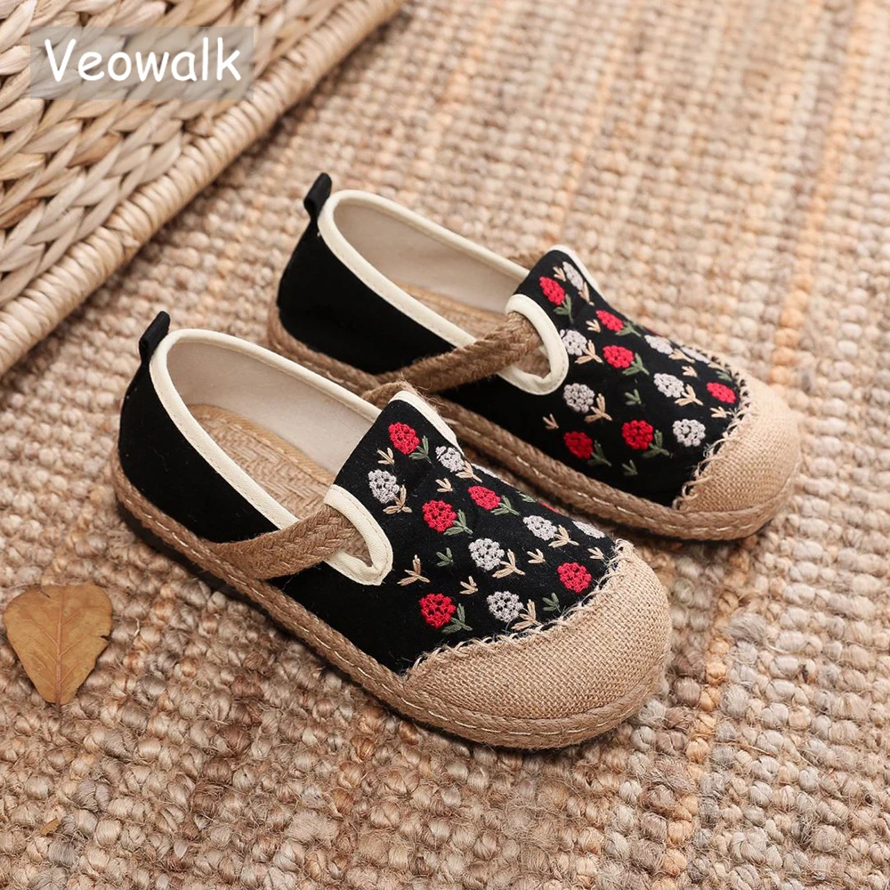 Veowalk Flower Embroidered Women Handmade Linen Cotton Espadrilles Loafers Non-Slippery Comfortable Slip On Sneakers Shoes