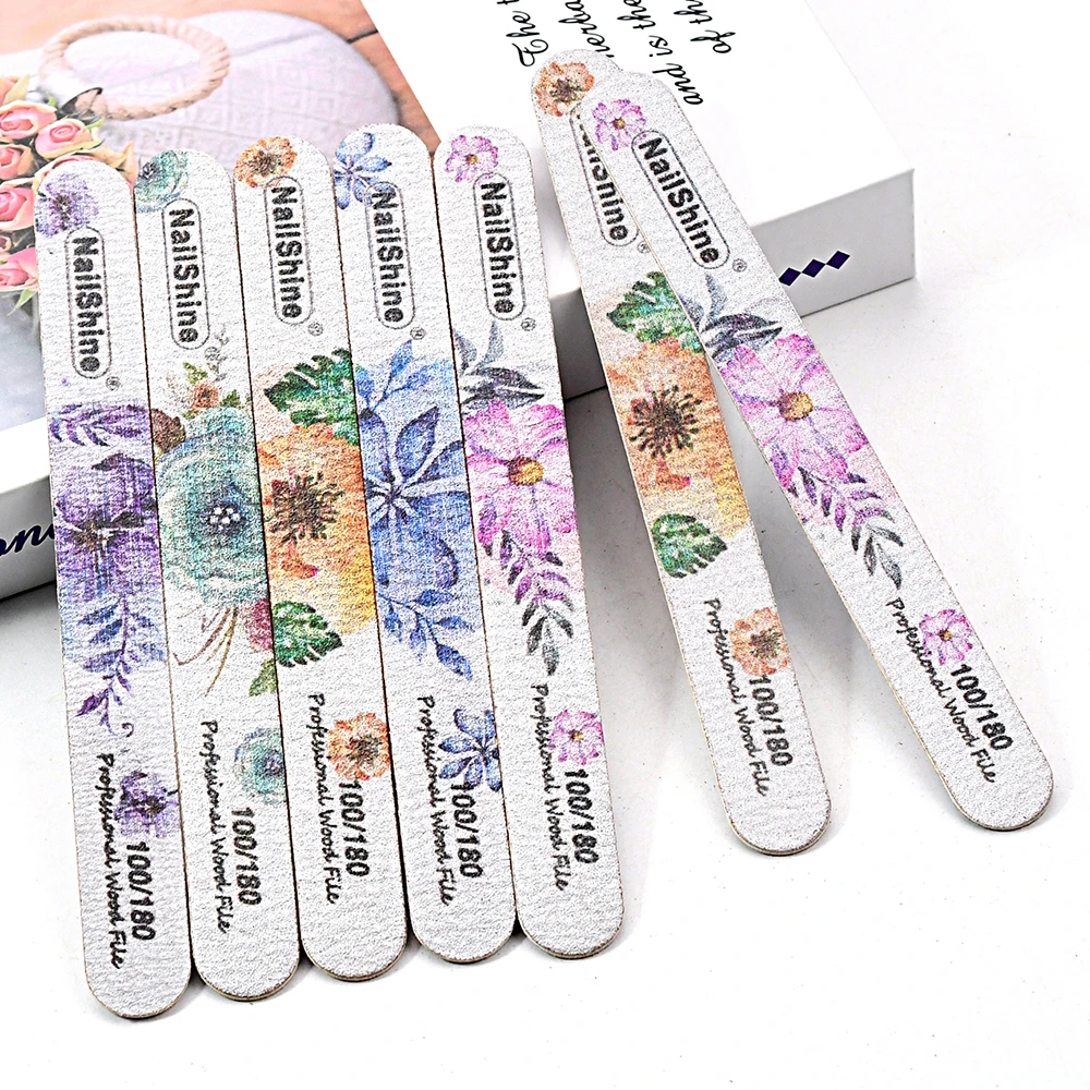 10 قطعة مجموعة الخشب مبرد أظافر قابلة لإعادة الاستخدام 100/180 حصى السلس مستقيم ملفات الأظافر تصميم الأزهار معدات العناية بالأظافر الجميلة #4