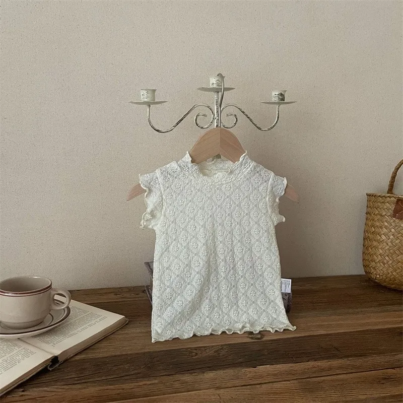 2024 Summer New Baby Lace Ear Edge Sleeveless Tank Top Girls Sweet Elastic Soft T-shirt Kids O-neck Beige Light Coffee Clothes