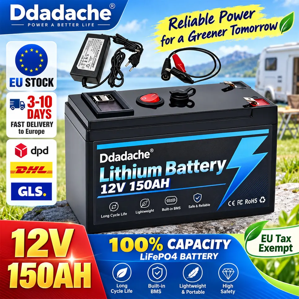 12V 150Ah LiFePO4 Lithium Battery Built-in BMS, 4000+ Deep Cycles, Poland Warehouse, for Solar Panel UPS Kayak Fish Finder Radio