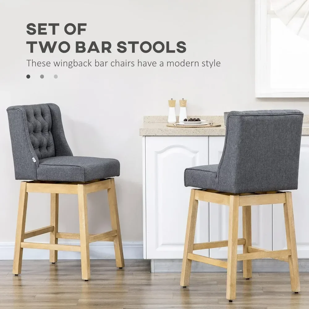 Height Bar Stools Set of 2, 30" 180 Degree Swivel Seat Height Bar Chairs with Solid Wood Footrests and Button Tufted Design