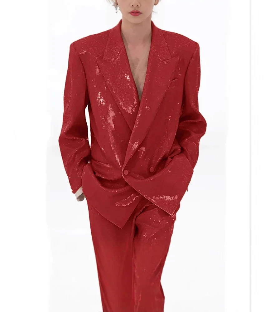 

High-end and fashionable men's sequin suit two-piece set with a sense of design, elegant men's stage costume wedding suit
