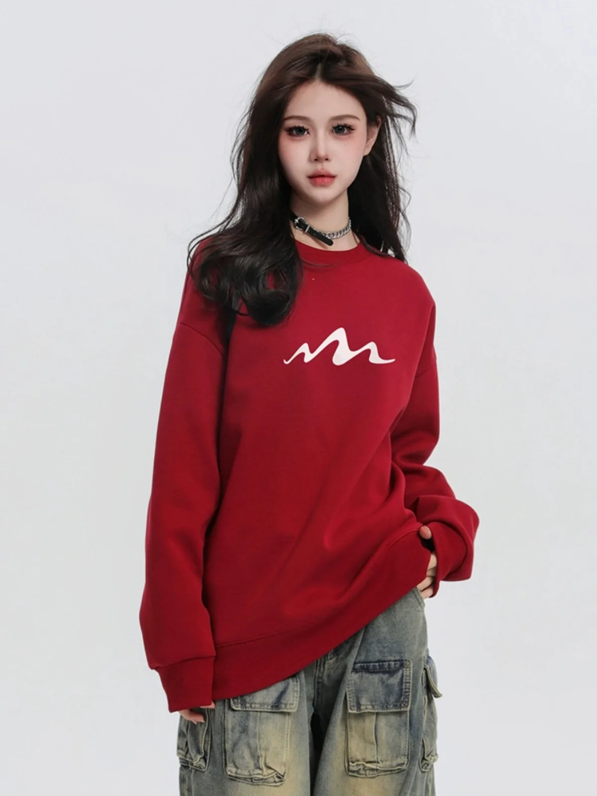 

Red Dragon Year Hoodl Sweatirt Men's Sle High Weight Jaet round Ne Printed Casual Loose Fit Spring Autumn Wear