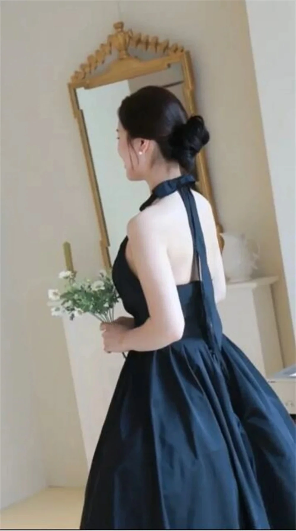 ZHUISHU-vestidos de noche sencillos con cuello halter, color negro, Tafetán, sin espalda, sin mangas, personalizados, corte en A, para mujer de Corea