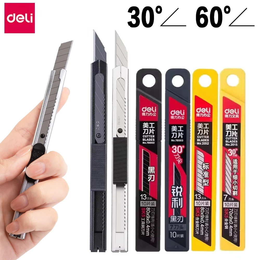 Deli Retractable Utility Knife Stainless Steel Self-Locking 30 Degree Blade Safety Art Tool Paper Box Cutter