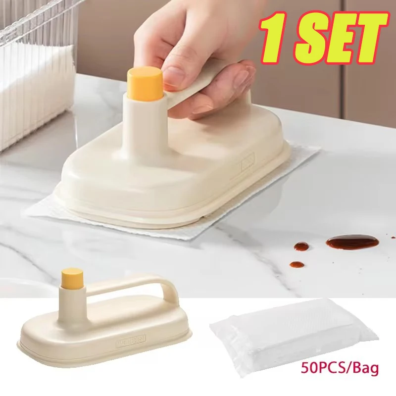 Non-Woven Kitchen Cleaning Brush Replaceable Disposable Cloth With Handle Cleaning Wipes Portable Tableware Home Cleaning Rags