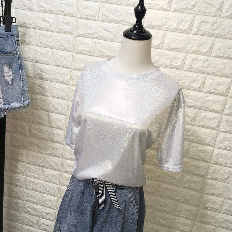 Color Canging Reflective Shiny Women Short Sleeved T Shirt Shirts Loose Mid Length Performance Outfit Summer Top Tops