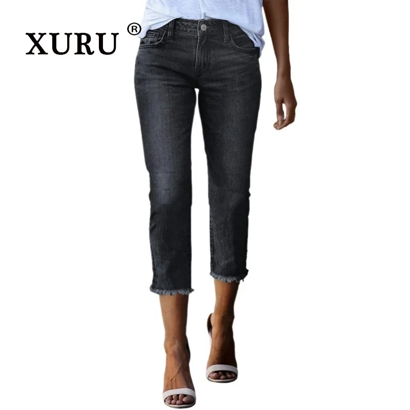 

XURU - New Women's Cropped Jeans, Hot Pants, Fashionable Retro Slim Fit Elastic Jeans Pants
