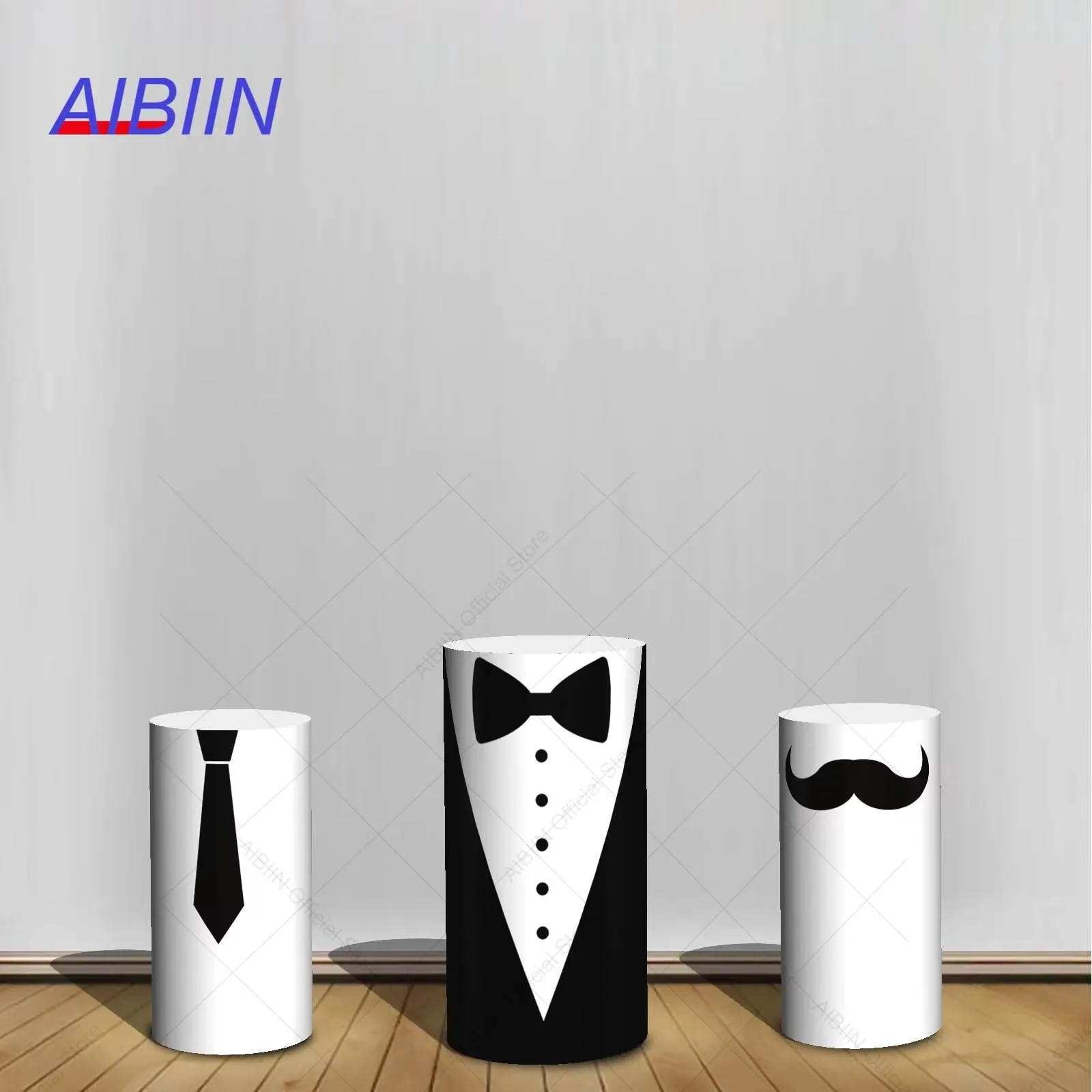 Boss Suit Cylinder Backdrop Cover Black Tie Stripe Beard Baby Shower Birthday Party Decor Pedestal Column Background Cover