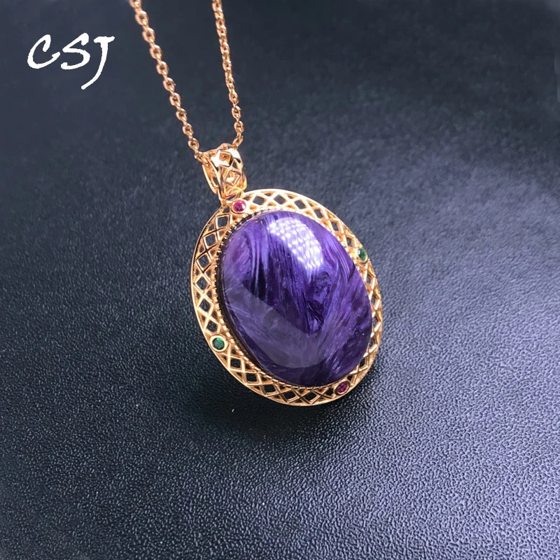 CSJ Fine Jewelry Natural Charoite Pendants 925 Sterling Silver Good Quality for Women Necklace Birthday Engagement Party Gift