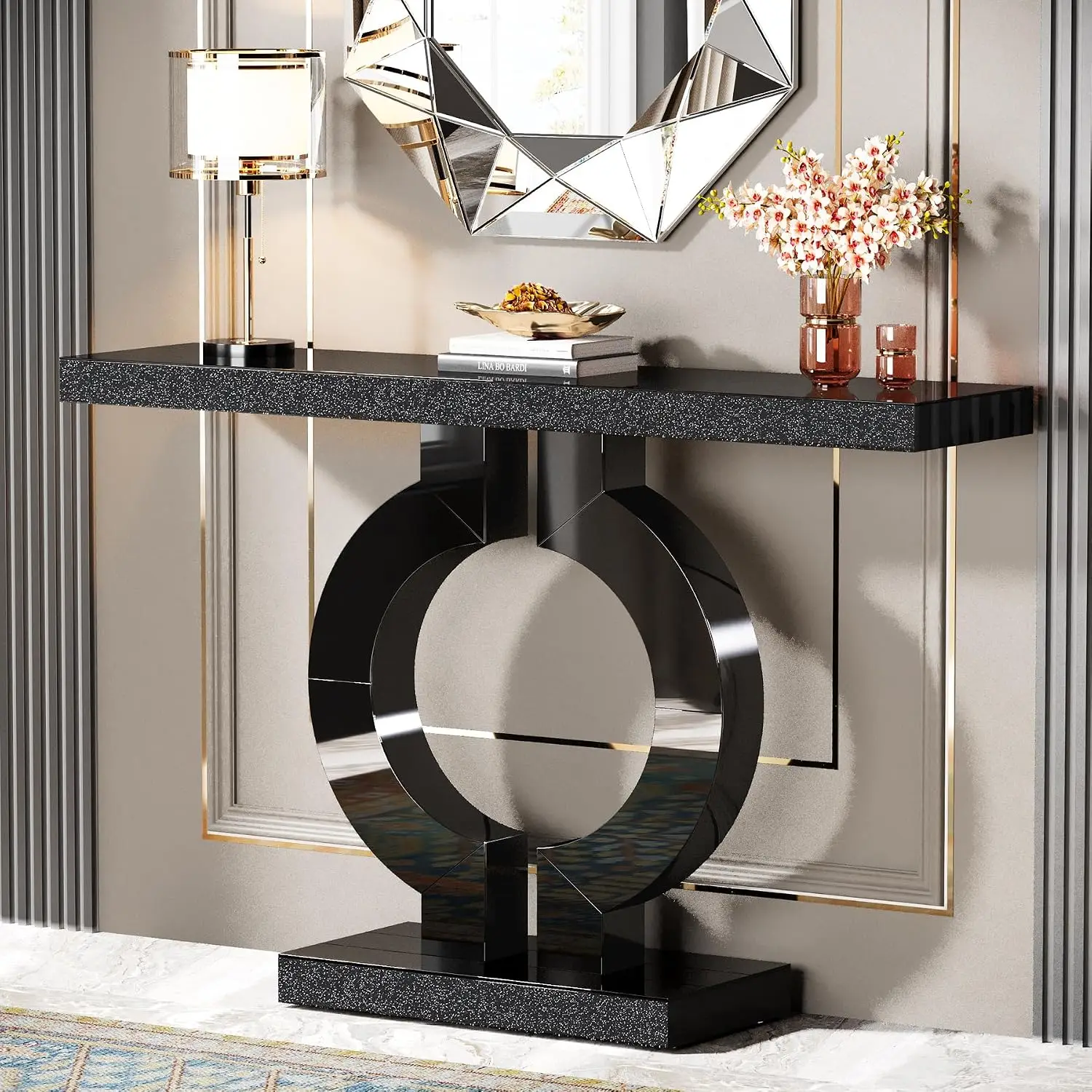 Black Entryway Console Table with O-Shaped Metal Base, Slim Hallway Sofa Table for Living Room, Customized