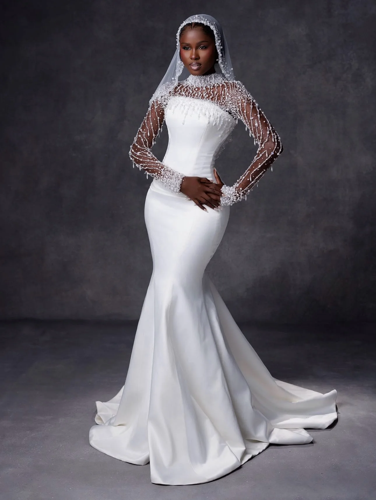 Elegant Mermaid Wedding Dress Pearls Beading O Neck Long Sleeve Bride Gown Slim Fit Floor Length Bridal Dresses Customized