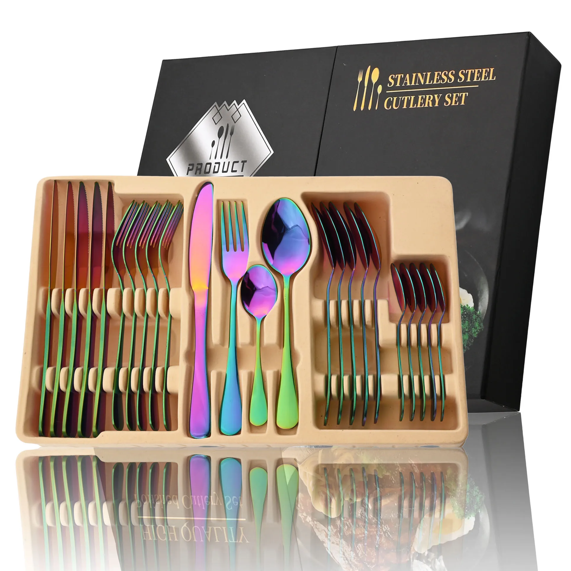 

24Pcs Colorful Tableware Set Stainless Steel Flatware Knife Fork Spoon Dinnerware Home Kitchen Silverware Festival Cutlery Gift