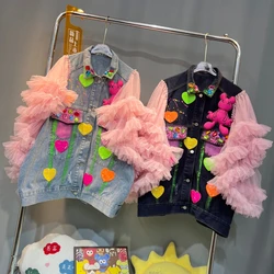 Spring Women Love Diamonds Beaded Denim Vest Rhinestones Mesh Ruffles Sleeve Jeans Jacket Gauze Spliced Cowboy Cardigan Chaqueta