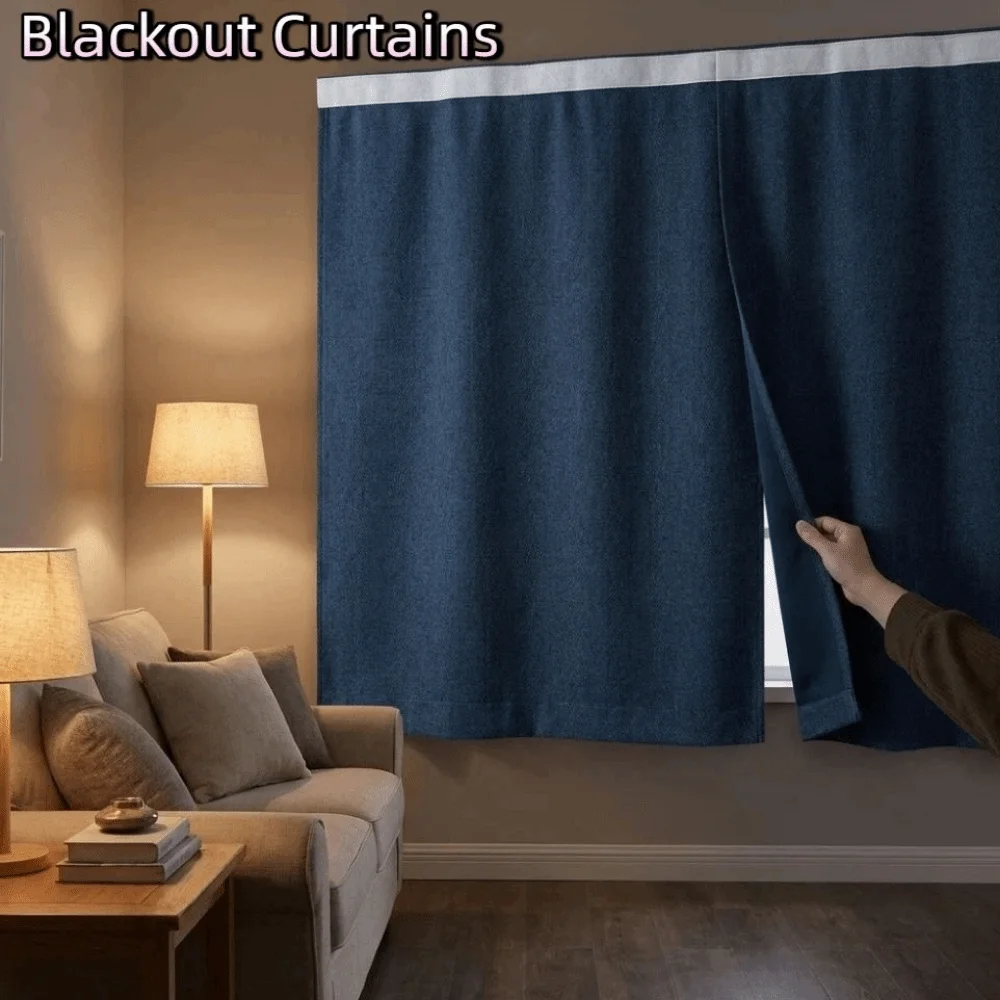 Self-Adhesive Blackout Curtains Light Blocking Dust-proof Thermal Insulated Curtain Imitation Linen Texture UV Protection