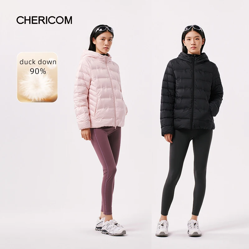 

Chericom женский легкий пуховик с капюшоном, двусторонняя молния, короткие пуховики, ветрозащитные манжеты, универсальный однотонный Y299006Y