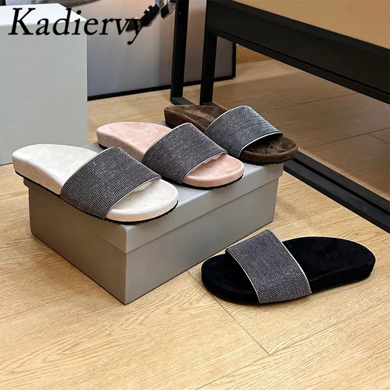 Summer Slippers Women String Bead Chain Suede Leather Mules Shoes Women Peep Toe Slides Casual Comfort Flat Slippers Woman