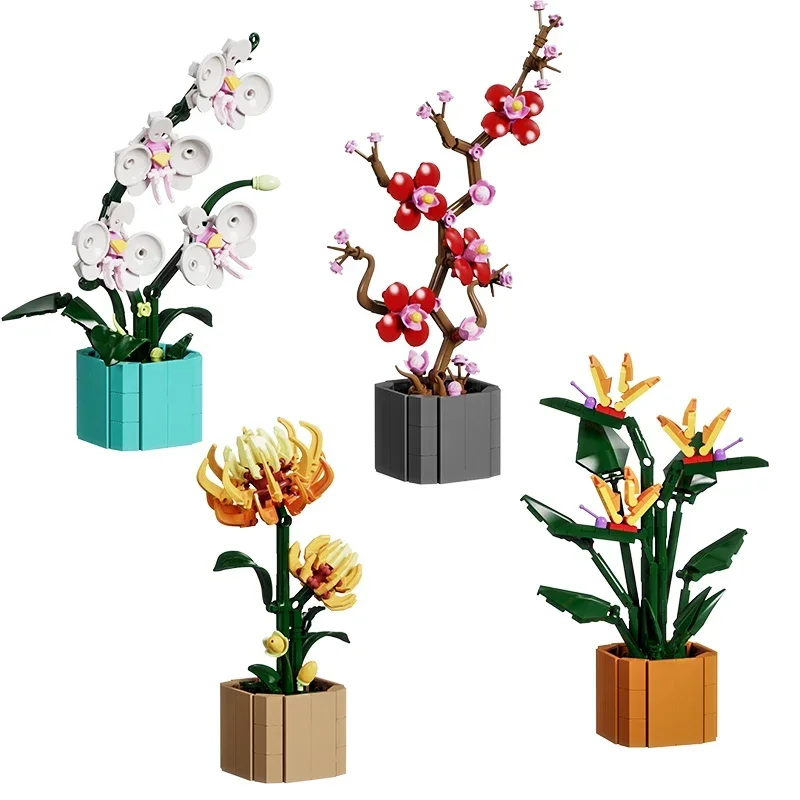Girassol pássaro do paraíso vaso casa decoração criatividade moc modelo tijolos diy flores bloco de construção presentes para crianças meninas
