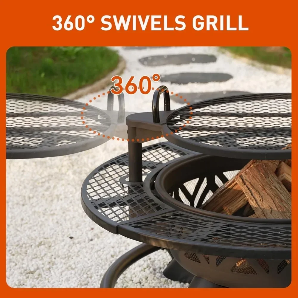 Gas Fire Pit Table 47-inch with Adjustable Grill Outdoor Fireplaces Large Wood Burning Outdoor Heating Fire Pits