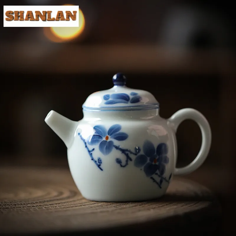 90ml Hand-painted Blue Magnolia Teapot Household Small Size Teapot Retro Pot Tea Brewing Kettle Tea Services Supplies Collection