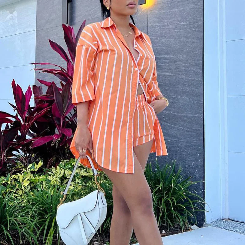 African Fashion Stripe Two Piece Set Women Casual Summer Half sleeve Single Breasted Long Shirt And Shorts Set Outfit