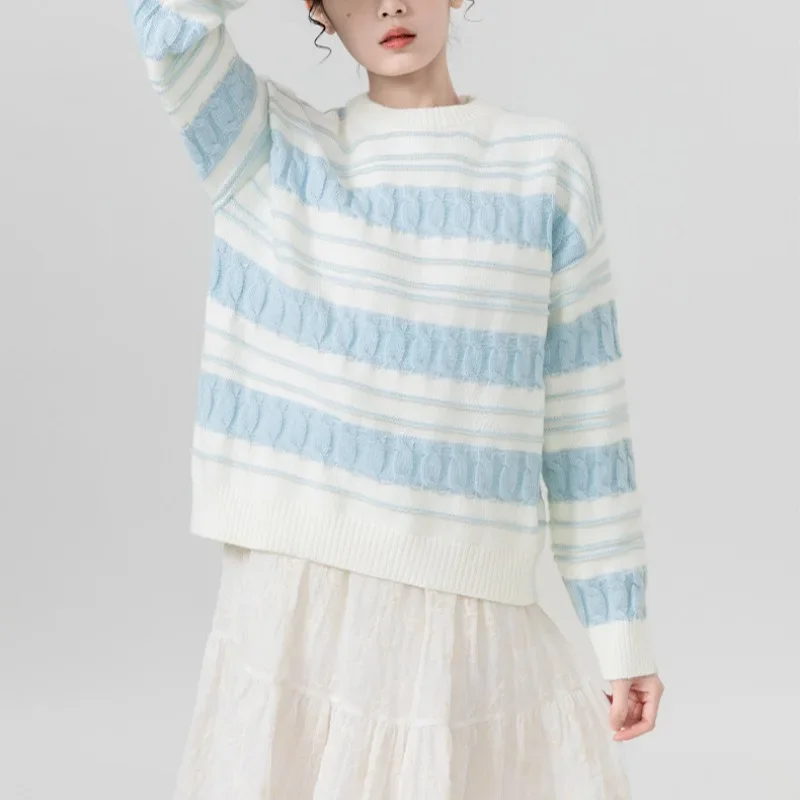 

French Striped Twist Sweater Women'S Autumn Winter Loose Lazy Style Pullover Long Sleeve Knitted Tops Female Cashmere Streetwear