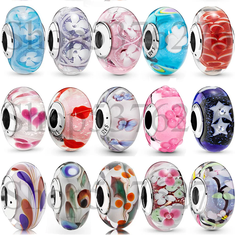 Breloque en verre de Murano pour bracelet Pandora pour femme, perle en argent regardé 925, fleur, lèvres, houx de Noël, cadeau de bracelet, bijoux à bricoler soi-même
