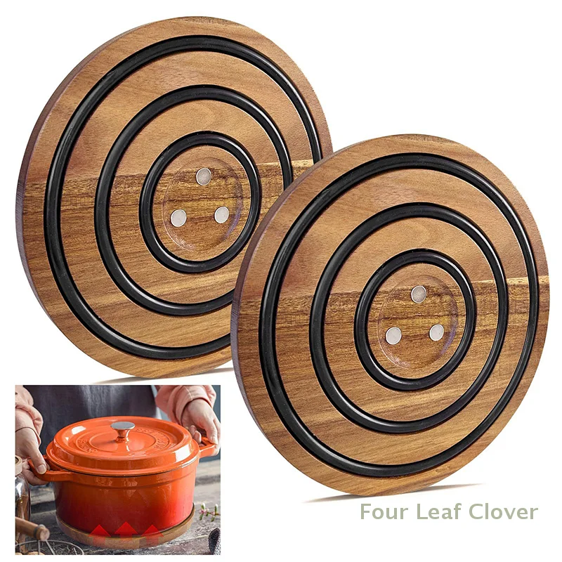 

1/2 PCS Magnetic Wooden Trivets For Hot Pots And Pans, Heat Resistant Acacia Wood Trivet With Cushioning Silicone Strips