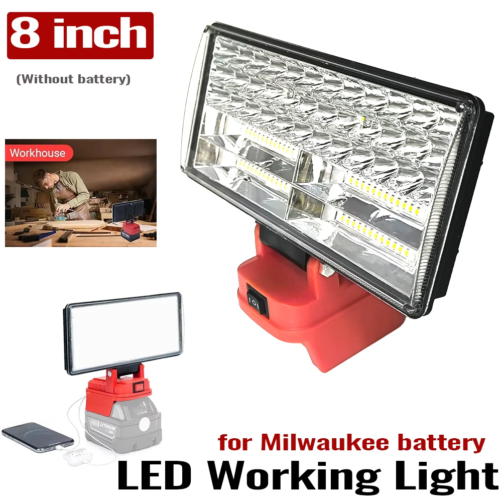 8in Cordless LED Work Light for Milwaukee M18 Battery Two Levels Adjustable FloodLight Workshop Camping Emergency Lighting