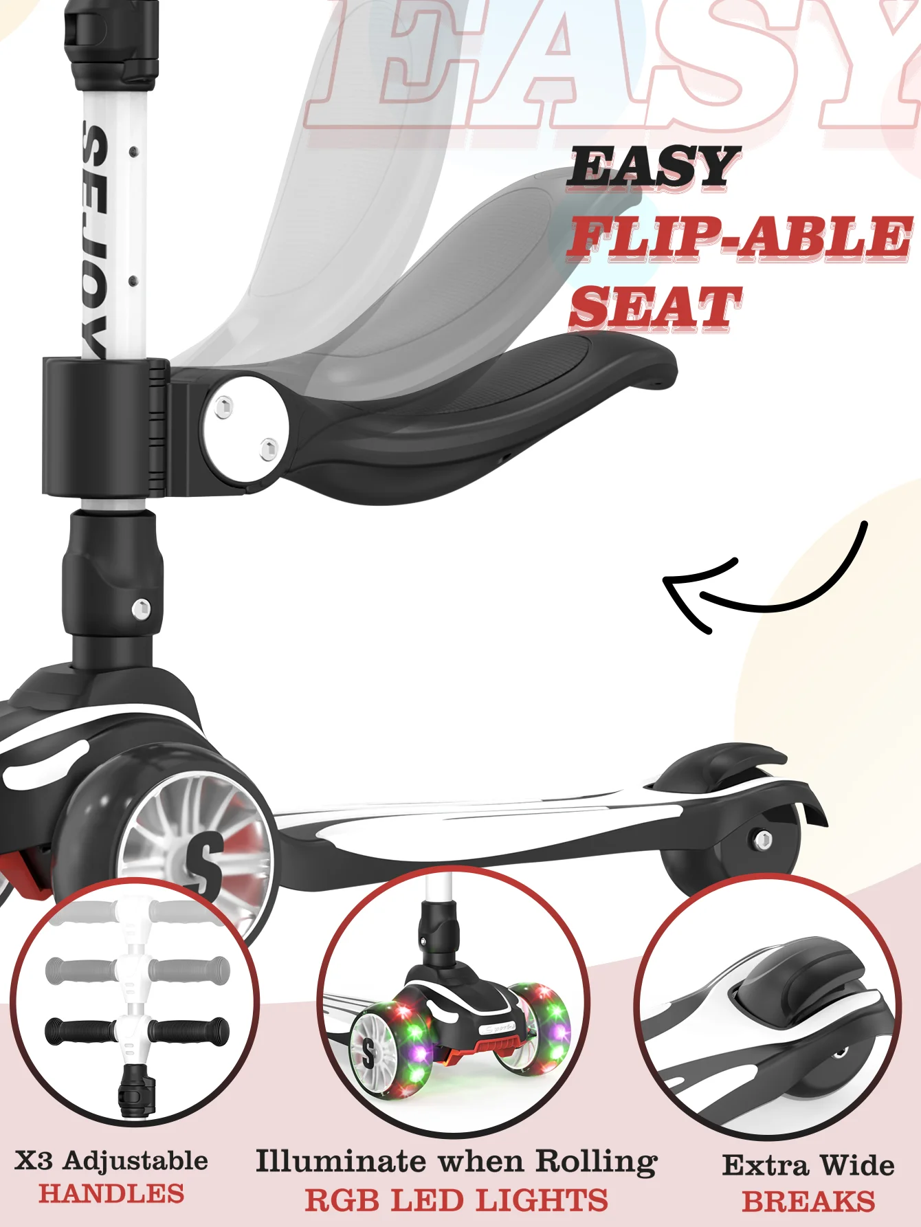 Sejoy Kid Kick Scooter Three Wheel with LED Flashing 3-in-1 Lightweight Children's Foot Scooters Height Adjustable