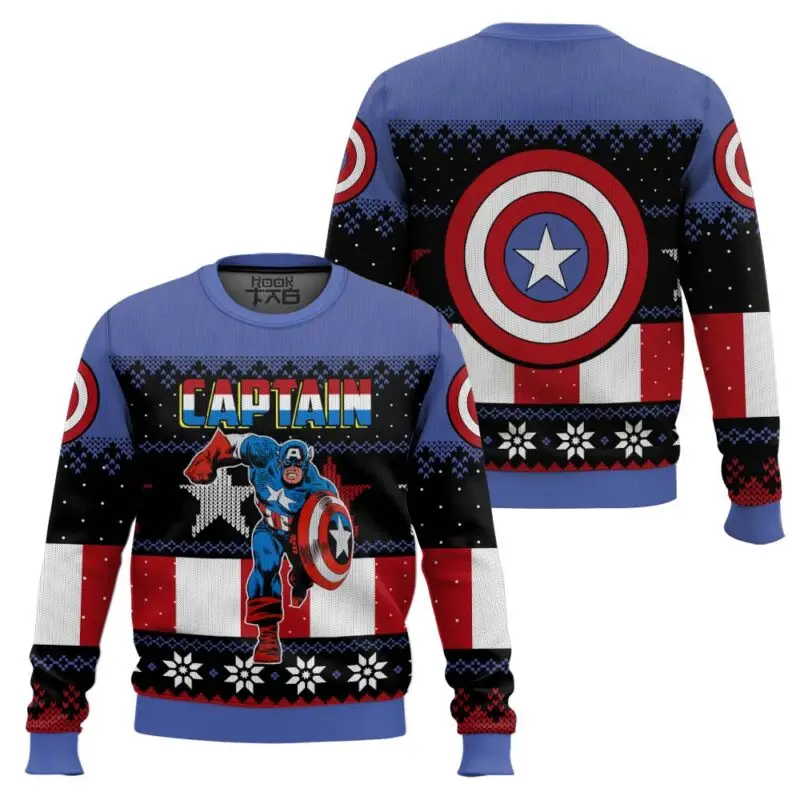 

Marvel Superhero Captain America Runs With Shield Christmas Ugly Sweater Snowflake Stripes Trendy Holiday Limited Edition