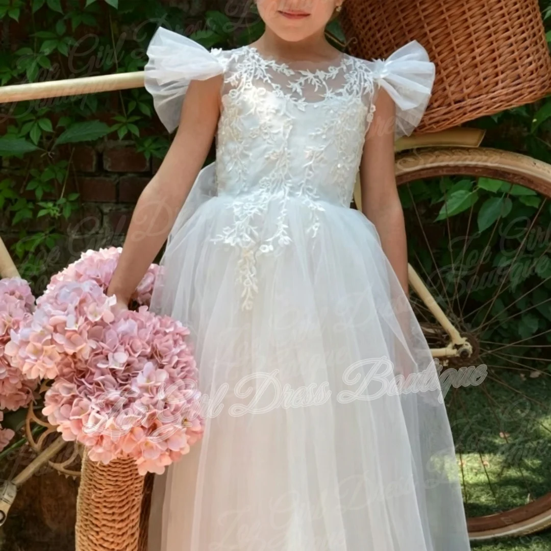 Custom White Tulle Flower Girl Dress Sheer V Back Big Bow Train Fly Sleeve Wedding First Communion Birthday Pageant Gowns