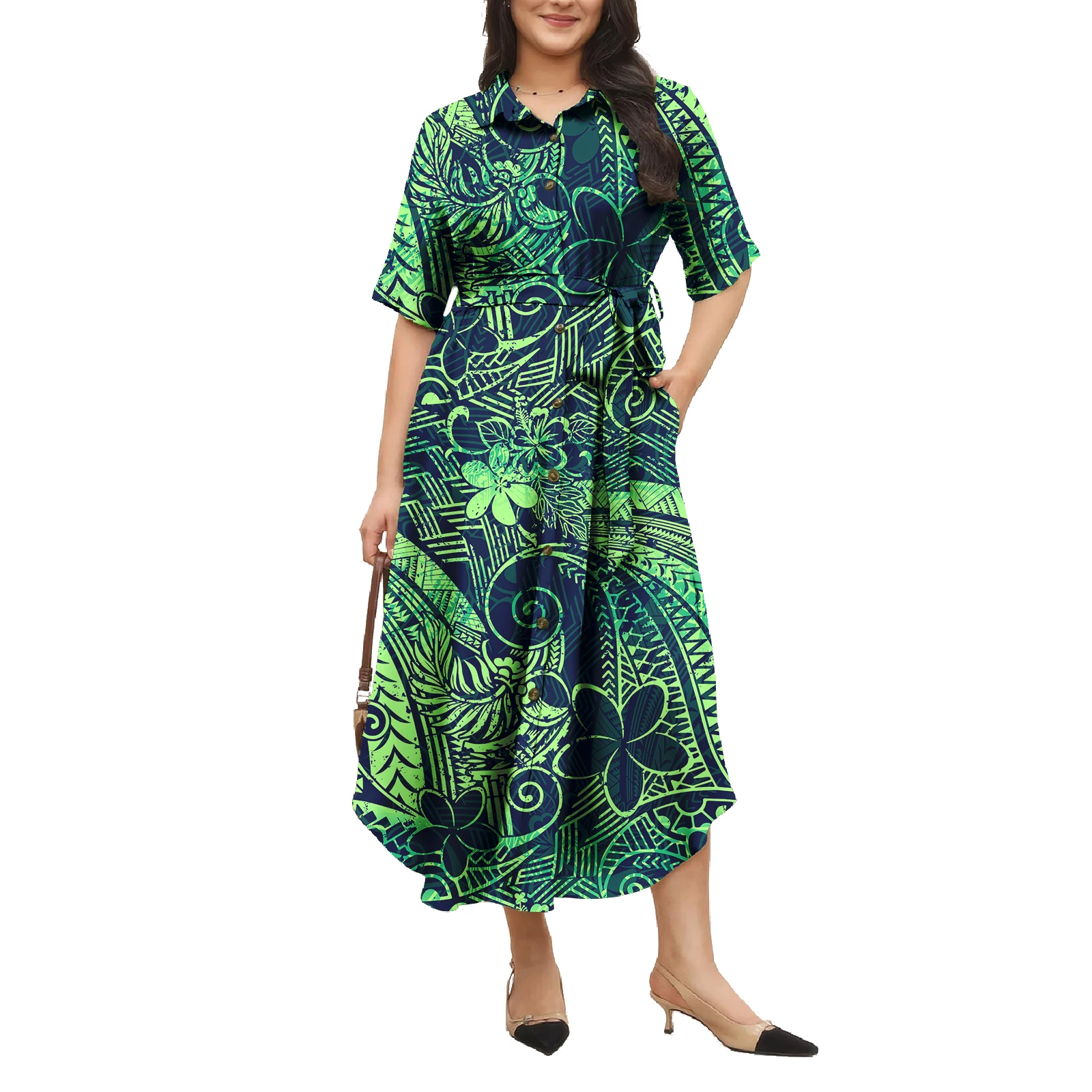 Pacific Islander Style Custom Polynesian Hawaiian Island Dresses Print Dress Ladies Women Shirt Dress For Holiday