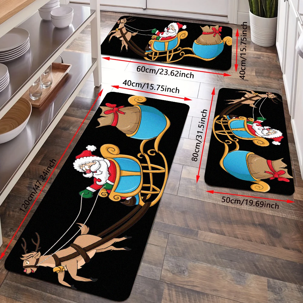 Santa Claus Sleigh Reindeer Kitchen Floor Rug Set Cartoon Xmas Christmas New Year Gift Doormat Non Slip Bath Mat Bathroom Carpet