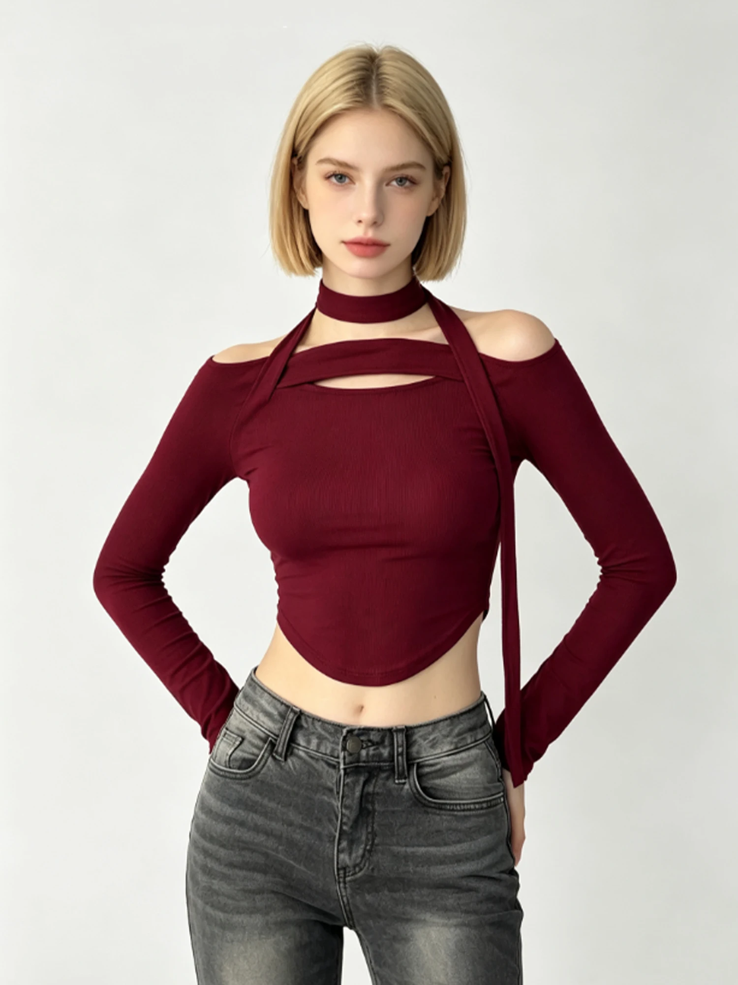 Women Burgundy T-Shirt Y2K Gyaru Long Sleeve T-Shirts Fashion Korean style Basic Tee Top Vintage Clothing for Women Autumn 2026