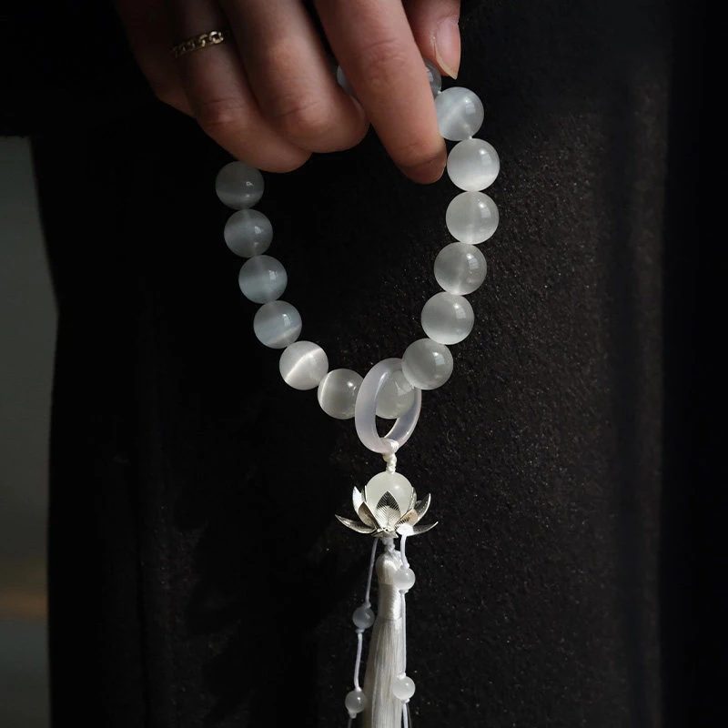 Scholar's White Cat's Eye Bracelet | Wrappable 18-Bead Strand with Lotus Tassel | New Chinese Style Car Ornament
