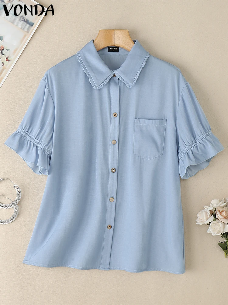 VONDA Summer Tops Ruffles Women Blouses Solid Color Buttons Turn-down Collar Casual Blusas Streetwear Female Tunic Oversize