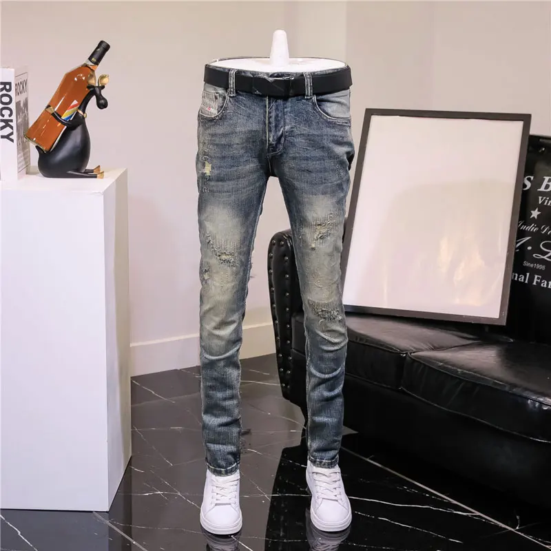 

Fashion Designer Men Jeans Retro Washed Stretch Slim Fit Ripped Jeans Men Embroidery Patched Vintage Y2K Denim Pants Hombre