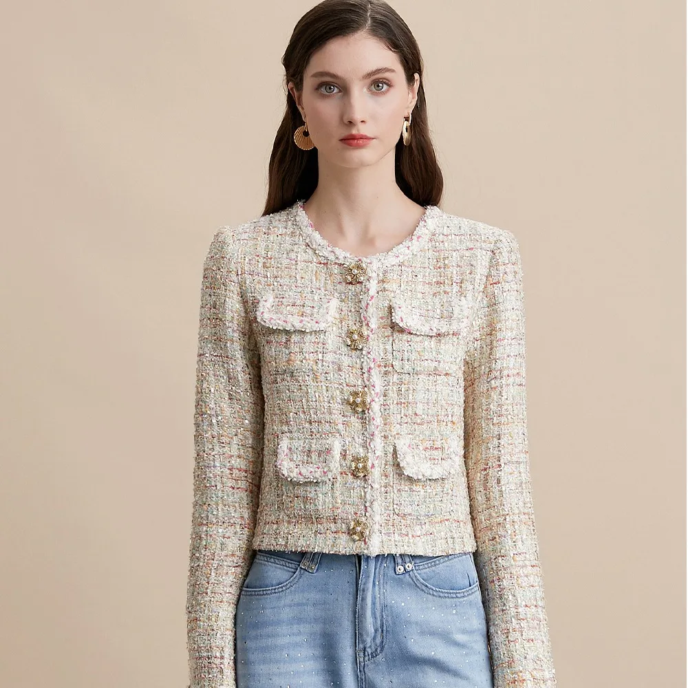 Wiosna Jesień 2025 Nowa Elegancka, Gruba, Haftowana, Diamentowa Tweedowa Odzież Wierzchnia Damska, Elegancki Płaszcz z Poliestru do Pracy