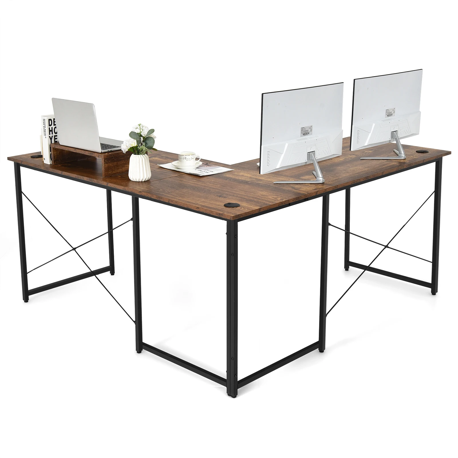 Desk L shape reversible corner desk with monitor stand, corner table with 3 cable holes, gaming computer table office table