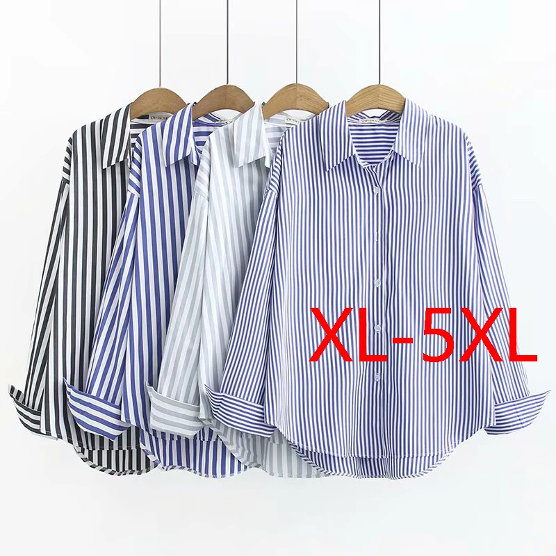 

XL большие размеры Fat Women irt Autumn Girl Stripe Large irts Straight Cut Button Detail Long Sve Collar Regular Thi...