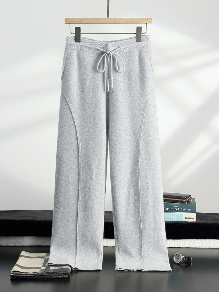 

MEETCC Autumn Winter Men's 100% Cashmere Wide Legs Pants Thick Warm Sport Casual Trousers Elastic Waist Luxury Knitted Pants