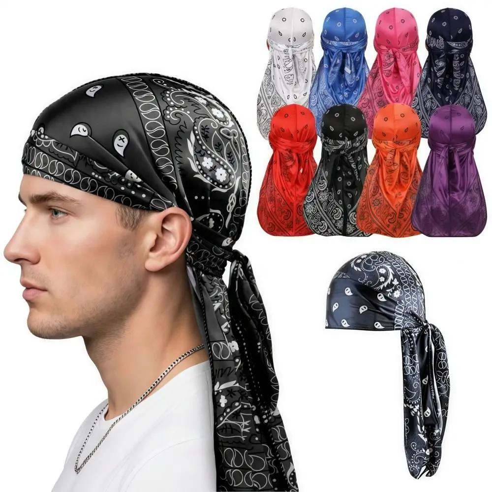 Trends Amoeba Print Men's Headscarf Breathable Lightweight Long Tail Pirate Cap Imitation Silk Wave Print Hip Hop Hat Outdoor