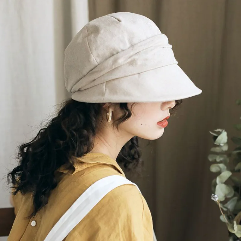 Japanese Cotton Linen Pleated Women Bucket Hat Small Brim Summer UV Resistant Breathable Retro Artist Basin Hat Ladies Berets